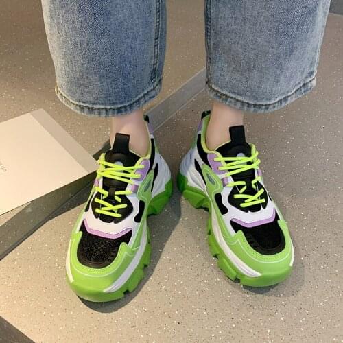 New Fashion Mixed Colors Womens Shoes Breathable Air Mesh Lace-up Thick Flat Platform Sports Sneakers For Tennis Female