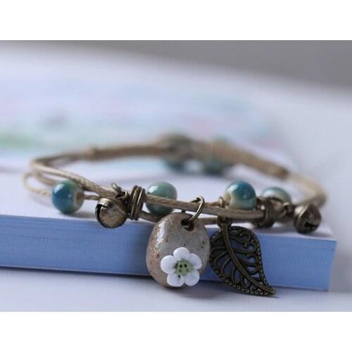 Sweet Fashion Girl Fresh Ceramic Flower Beaded Bracelet Vintage Ethnic Style Bangle Woven Jewelry Accessories