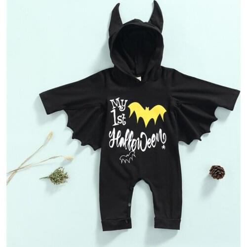 My First Halloween Costume Cute Cotton Long Sleeve Letter Print Bat Hooded Rompers for Baby Boys Girls 0-18 Months