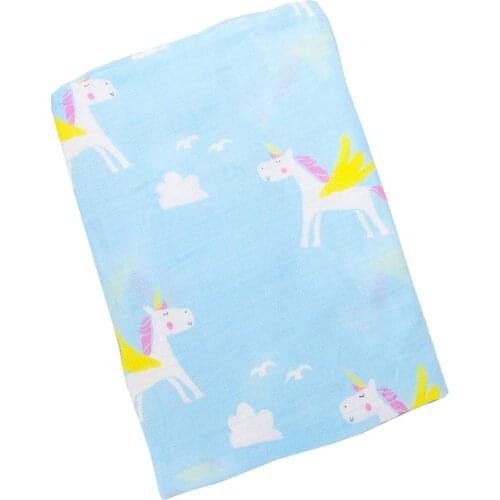 Muslin Cotton Baby Blankets Multifunction Newborn Soft Swaddles Wrap Cartoon Unicorn Print 2 Layers Muslin Blankets Play Mats