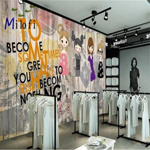 Milofi size custom wall decoration wallpaper mural fashion cartoon girl clothing store bag shop background wall