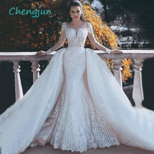 Chengjun Luxury Scoop Long Sleeve Lace Beaded Mermaid Wedding Dresses With Detachable Train