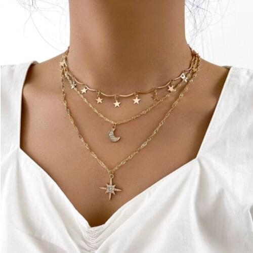Vintage Multilayer Star Moon Pendant Necklace for Women Charm Choker Pendant Necklaces Boho Fashion Jewelry Gift