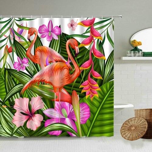Tropical Flamingo Shower Curtain Summer Jungle Plants Flower Parrot Bird Animals Home Bathroom Decor Waterproof Screen With Hook