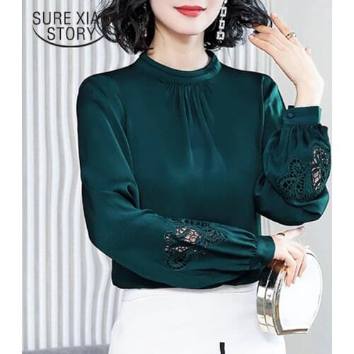 Women Blouse Sick Shirt Embroidery Lantern Sleeve Satin Women Shirt Spring 2021 New Fashion Blouse Plus Size Tops Blusas 13042
