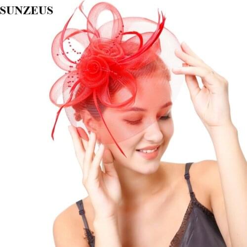 Hot Red Wedding Hat for Bridal Feathers Tulle Womens Formal Party Occasion Hair Accessories chapeau mariage SH51