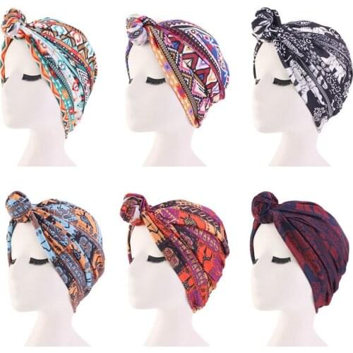 New Women Turban Hat bohemian style printing top knot turban african twist headwrap Ladies India Hat Chemo Cap Hair Accessories