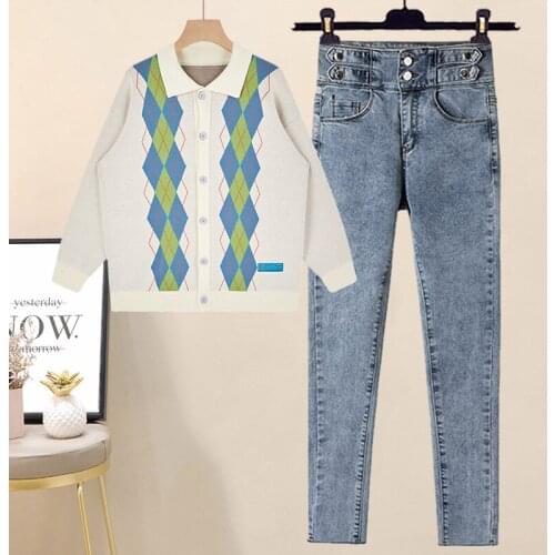 Women Two-piece Sets 2021 New Autumn Fashion plaid Long Sleeve Knitted Top + High Waist Pencil Jean Casual Students Suit
