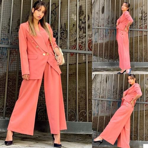 Pink Loose Blazer Women New Arrival Solid Double Breasted Wide Legs Pants Jackets Casual Daily Office Lady All-match Suits
