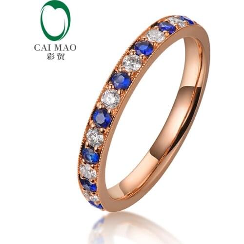 Caimao Half Eternity 18kt Rose Gold Natural Diamond and Blue Sapphire Engagement Wedding Band Vintage Design Ring