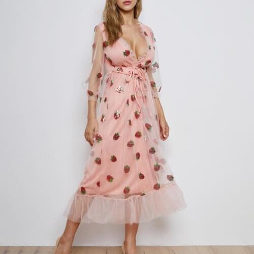 Women Strawberry Hot Stamping Short Sleeve Party Mid-Length Dress Sequins Ruffles Patchwork V Neck Lace Net Yarn Summer Dresses