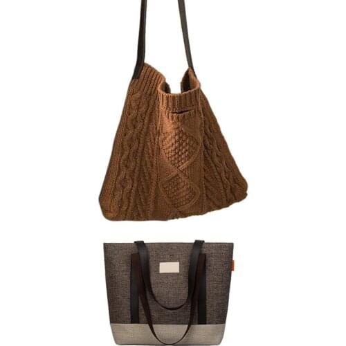 2PCS Wild Messenger Bag Female Atmosphere Handbag with Fashion Winter Plush Retro Womens Knitted Woven Shoulder Bag