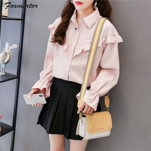 2021 Spring Women Solid Cotton Flare Sleeve White Shirt Turn-down Collar Blouse Pleated Casual Office Tops Feminina Blusa L8