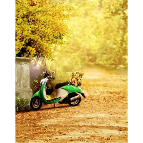5x7ft Yellow Flowers Tree Motorcycle Photography Backdrops Photo Props Studio Background