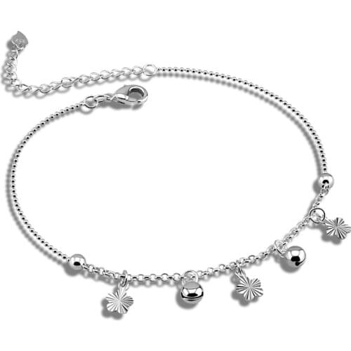 925 Silver anklet women summer fashion jewelry flower bell ankle bracelet girl beach party sandals accessories
