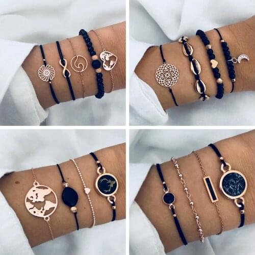 Vienkim Bohemian Black Gem Stone Beads Bracelets Bangles For Women Heart Map Ocean Gold Color Chain Bracelets Sets Jewelry Gifts