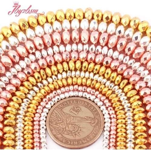 Rose Gold Silver Bead Faceted Rondelle Hematite Heishi Stone Spacer Beads for DIY Women Men Necklace Bracelet Jewelry Making 15"