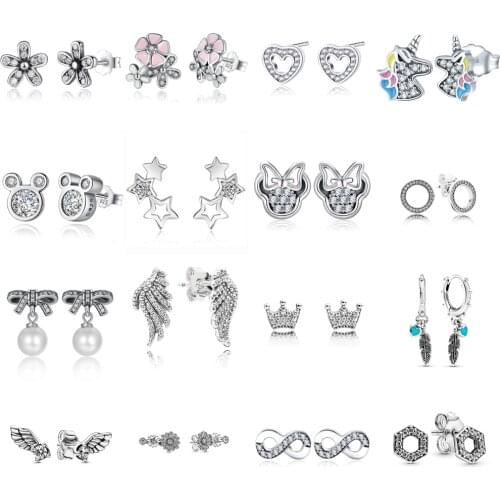 Eif Dock Newest Silver Color 32 Styles Stud Earrings For Ladies Women Crown Love Heart Round Earrings Jewellery Birthday Gift