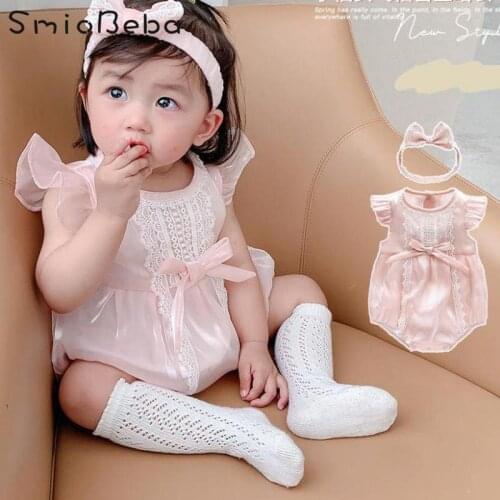 Baby Girl Summer Outfit Thin Sweet Pink Bag Fart Korean Rompers With Bow For Little Girls Fly Sleeve Lace Princess Creeping Suit