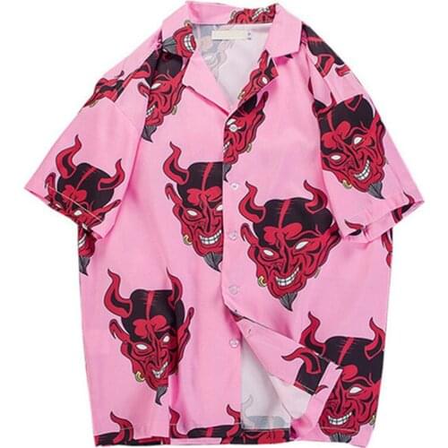 Harajuku Devil Head Shirs Summer Beach Shirt Hawaii Thin Hip Hop Streetwear Mens Hawaiian Short Sleeve Pink Tees HH139