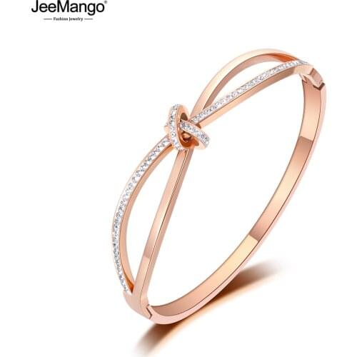 JeeMango Sparkling CZ Crystal Cross Bow-knot Bangles Bracelet Jewelry For Women Rose Gold Stainless Steel Wedding Bangle JB19094