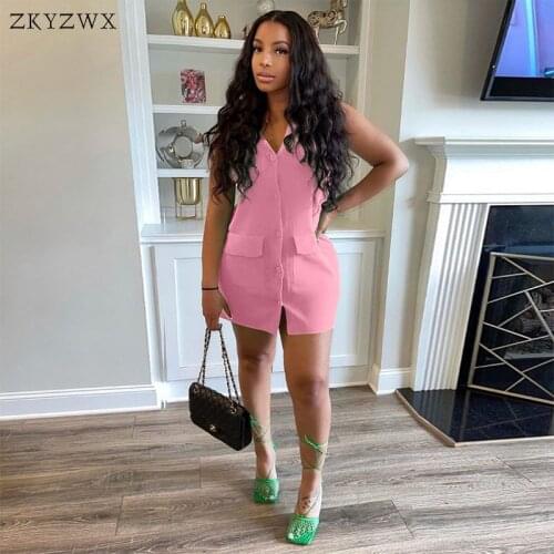 ZKYZWX Aesthetic Cute Buttons Sleeveless Mini Dress Vintage Outfits for 2021 Summer Women Fashion Lounge Wear Streetwear Dresses