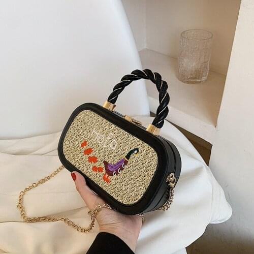 Fashion Straw Stitching Women Handbags Embroidered Pattern Casual Chain Shoulder Bags Party Clutch Female Crossbody Bags Purses