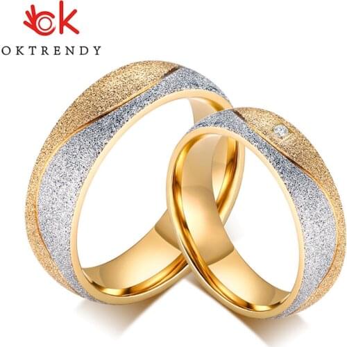 OKtrendy couple engagement ring for women men sand blasted gold color stainless steel CZ wedding rings jewelry