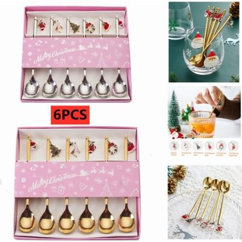 6PcsCoffee Spoon Mixing Scoops Stirring Spoons Stainless Steel Spoon Christmas Gift Box Set Party Table Ornaments Coffee Spoon