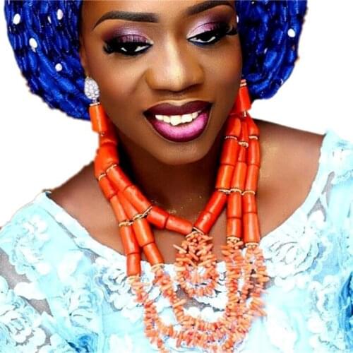 Jewellery Set African Nigerian Wedding Beads Set Nature Women Coral Necklace Set 3 Layers Beads Jewelry Set Coral Free Ship 2018