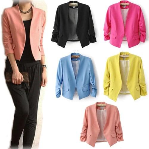 NEW Chic Basic Solid Color Fashion Women 3/4 Sleeve Pockets None Button Woman Slim Short Suit Jacket