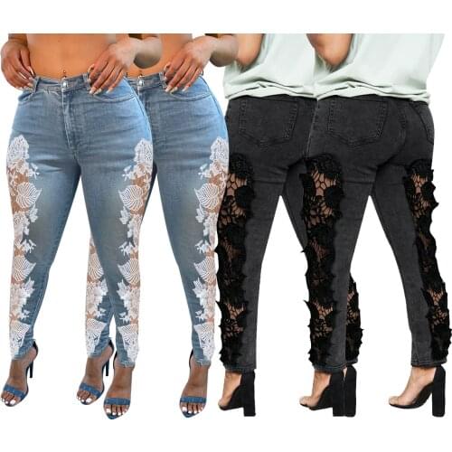 Sexy See Through Demin Jeans Patchwork Lace Vintage Hollow Out Pants Women Streetwear Fashion Korean Long Trousers Zipper Jeans