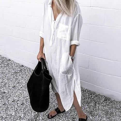 Women Shirt Dress Solid Long Sleeve Side Split Long Dress Ladies Turn-down Collar Loose Pocket Sundress Party Dress Vestidos