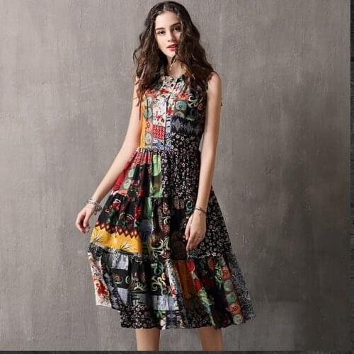 Boho Chic Ladies Dresses Summer 2019 V Neck Three Quarter Sleeve Floral Dress Midi Elegant Hem Pleated Loose Floral Dress AA4729