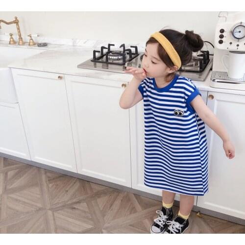 Toddler Girls Dresses 2021 Summer New Kids Fashion Cotton Striped Dress Casual Loose Navy Style Dress for Girls Baby Clothing