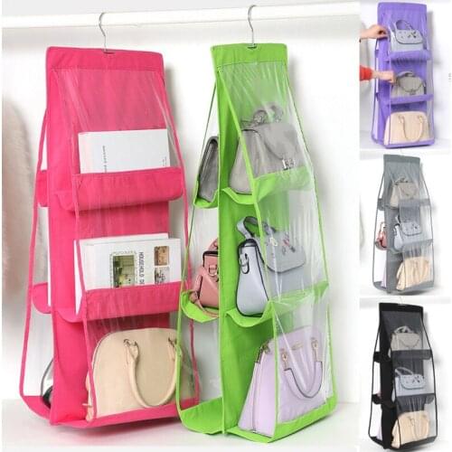 Hanging Handbag Organizer for Wardrobe Closet Non Woven 6 Pockets Storage Bag Door Wall Clear Sundry Shoe Bag with Hanger Pouch