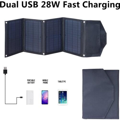 28W Foldable Solar Panel USB Charger Portable Folding Bag Dual USB Output Fast Charging For Mobile Phone/Tablet/Power Bank