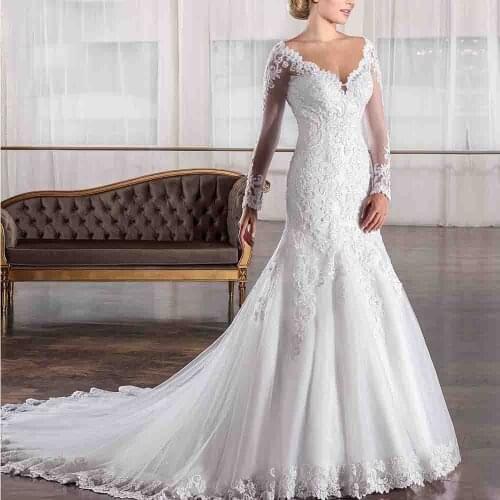 Sexy See Through Tulle Mermaid Wedding Dresses 2020 V Neck Appliques Pearls Bridal Gowns Vestido De Casamento Robe Marriage