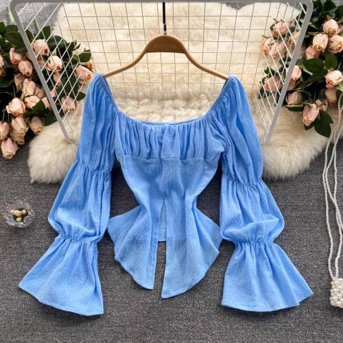 Chiffon Shirt 2021 Autumn Womens Flare Long Sleeve Pullover Square Collar Irregular Split Blouses Office Lady Vintage Solid Tops