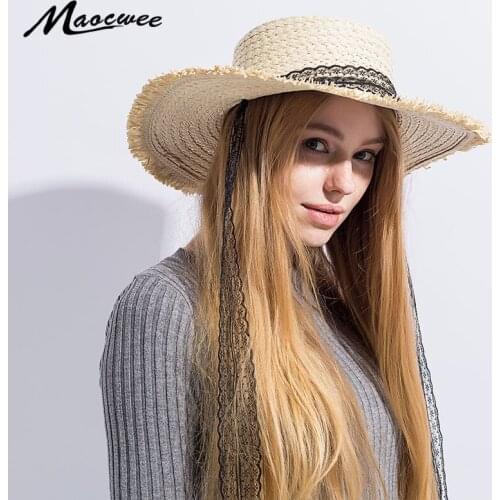 Summer Lace belt Straw Hat Women Big Wide Brim Beach Hat Sun Hat sun block UV protection panama hat bone chapeu feminino 2018