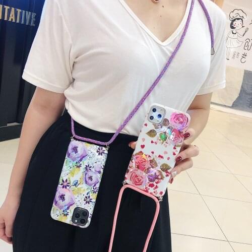 Crossbody lanyard laser Flower phone case for iPhone 11 pro max X Xs max XR SE 2020 7 8 6 6s Plus silicone luxury back cover