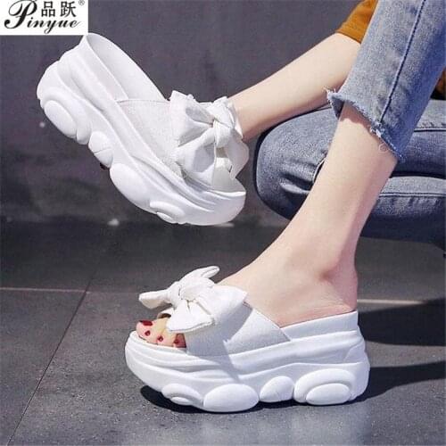 Women Slippers Summer Platform Wedges Mid Heels Bow Tie Peep Toe Fashion Slides Beach Outdoor Ladies Shoes Zapatos De Mujer