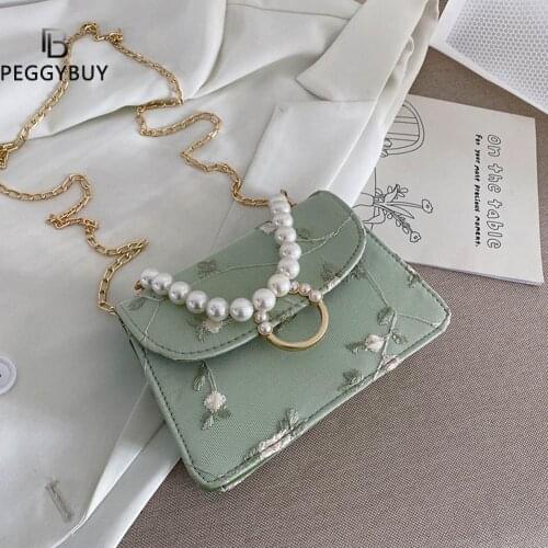 Mini Shoulder Bags Fashion Women Net Yarn PU Leather Flower Crossbody Bag Casual Pearl Chain Shoulder Bags for Women