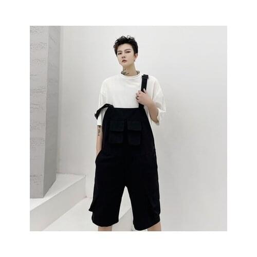 Large size spring multi-pocket overalls medium trousers quarter trousers mens wear Yamamoto style Japanese suspenders overalls