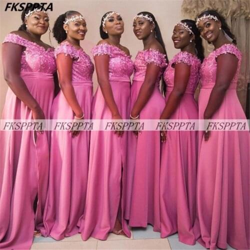 Hot Pink Long 2021 African Bridesmaid Dresses Wholesale High Slit Off The Shoulder Lace Top Satin Maids Of Honor Dress Plus Size