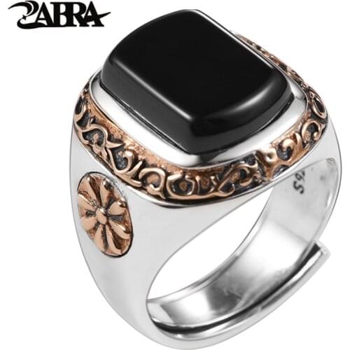 ZABRA Vintage Resizable Real 925 Sterling Silver Ring For Men Black Stone Ring Women Cubic Zirconia Onyx Jewelry Size 8 To 12