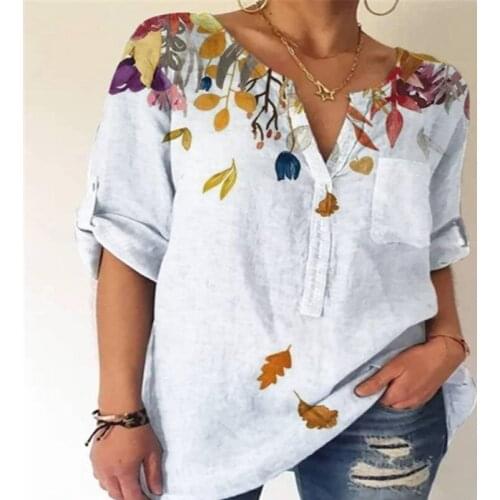 Spring Autumn Fashion Floral Print Loose Women Shirts Tee V Neck Elegant Office Lady T Shirt Casual Long Sleeve Tops Pullovers