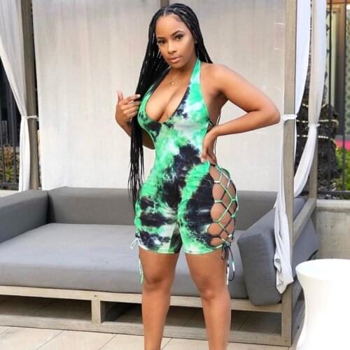 Tie Dye Biker Shorts Playsuits Women V Neck Backless Sexy Hot Ribbed Rompers Lace Up Bodycon Sleeveless Summer Playsuit