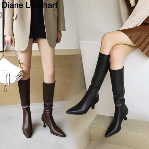 Women Faux Leather Knee High Boots Pointed Toe Thin Heel Boot Slip On Party Club Winter Ladies Footwear Stiletto Botas Mujer 43