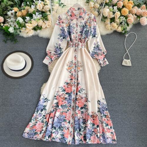 Trendy Nice Spring Autumn Floral Print Dress Women Turn Down Collar with Belt Single Breasted High Waist A Line Slim Dresses